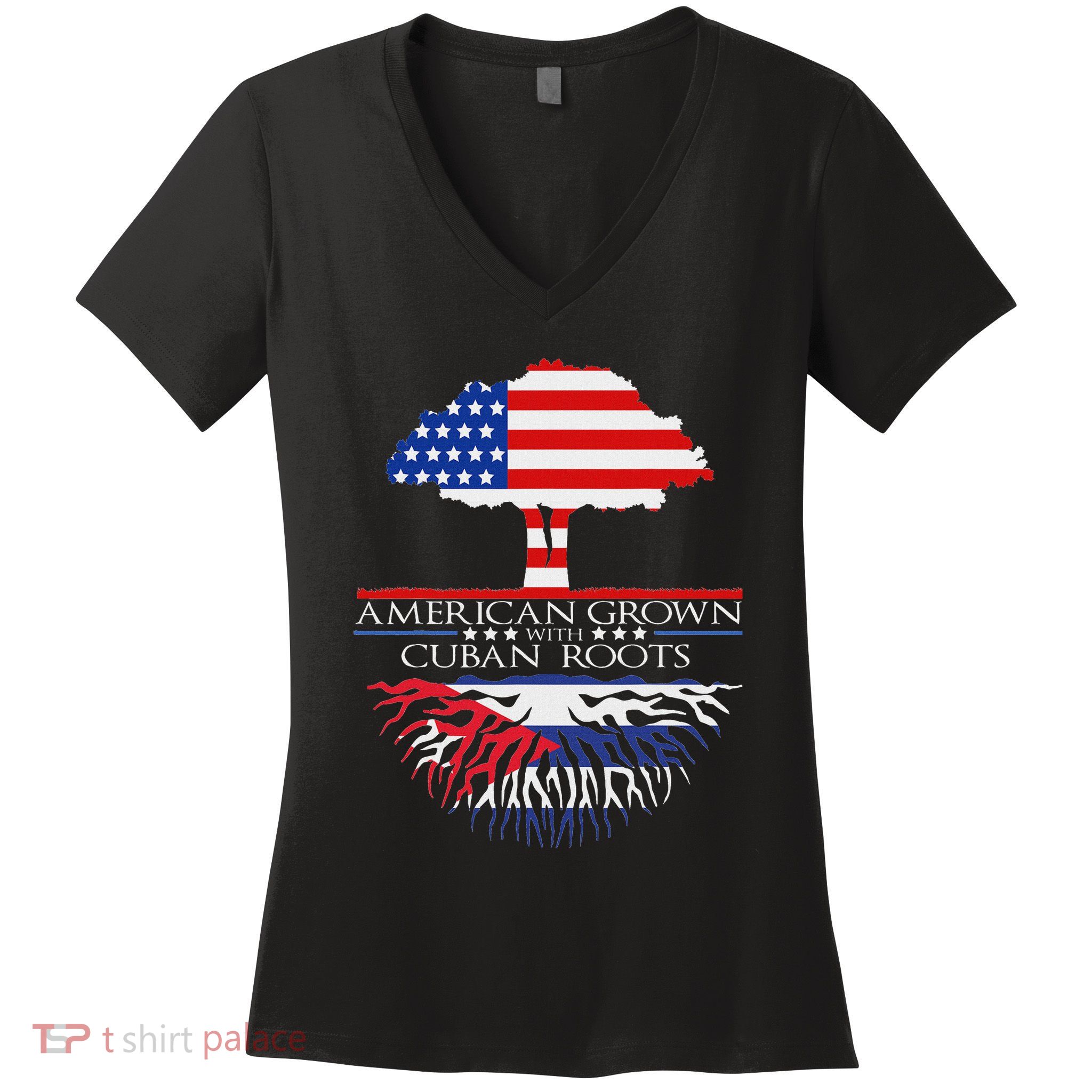 Cuban Roots American Grown Born Tree Flag Usa Cuba Pride Women's V-Neck T-Shirt
