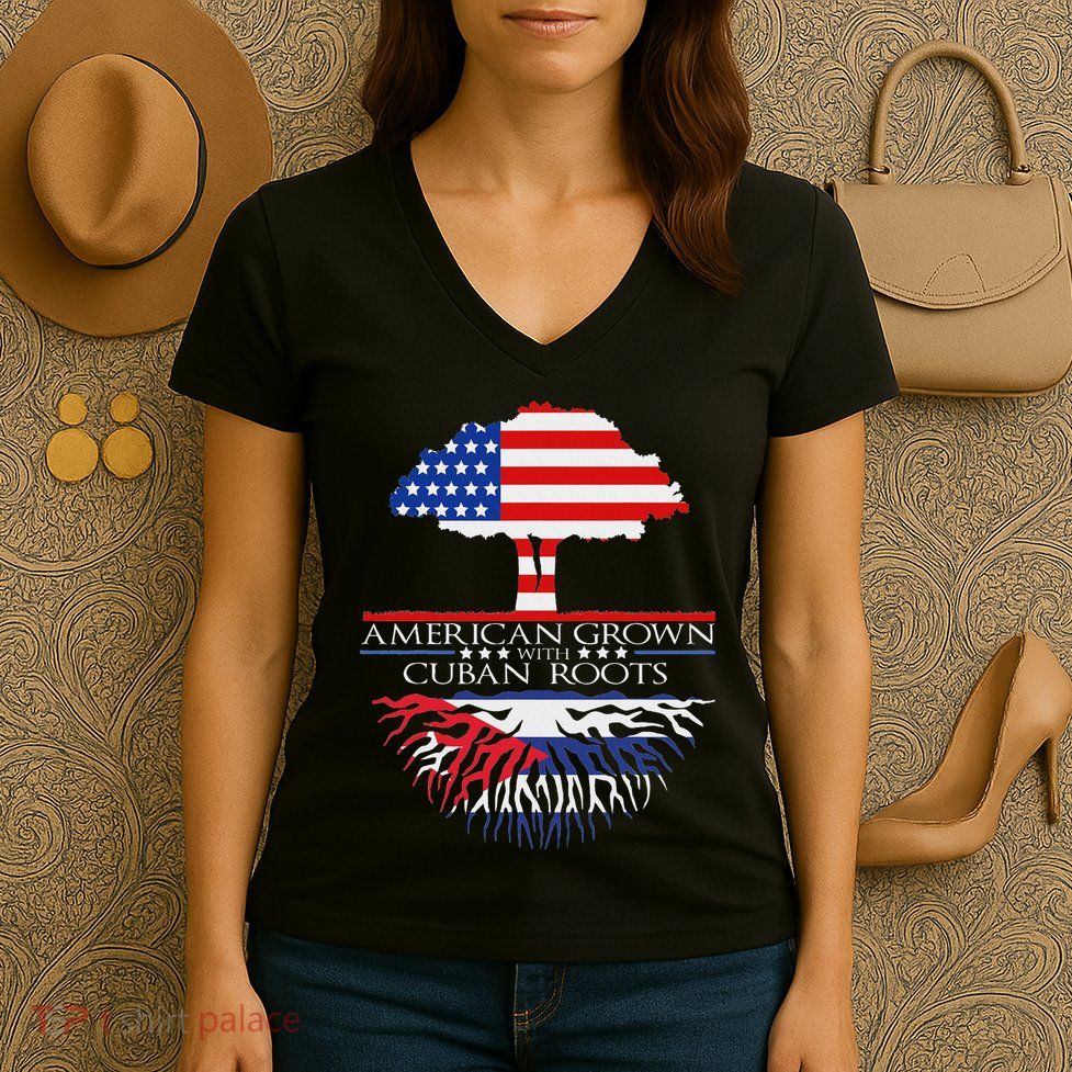Cuban Roots American Grown Born Tree Flag Usa Cuba Pride Women's V-Neck T-Shirt