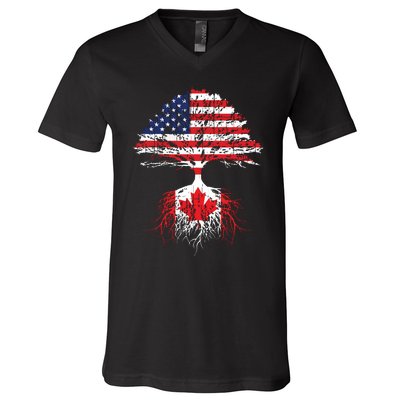 Canadian Roots American Grown Canada Flag V-Neck T-Shirt