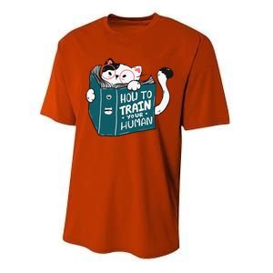 Cat Reading A Book How To Train Your Human Funny Cat Lovers Performance Sprint T-Shirt