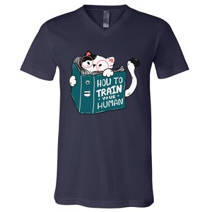 Cat Reading A Book How To Train Your Human Funny Cat Lovers V-Neck T-Shirt