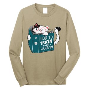 Cat Reading A Book How To Train Your Human Funny Cat Lovers Long Sleeve Shirt