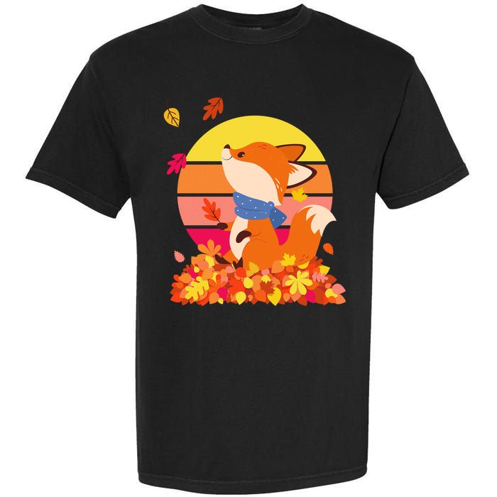 Cute Retro Autumn Fall Leaves Baby Fox Garment-Dyed Heavyweight T-Shirt