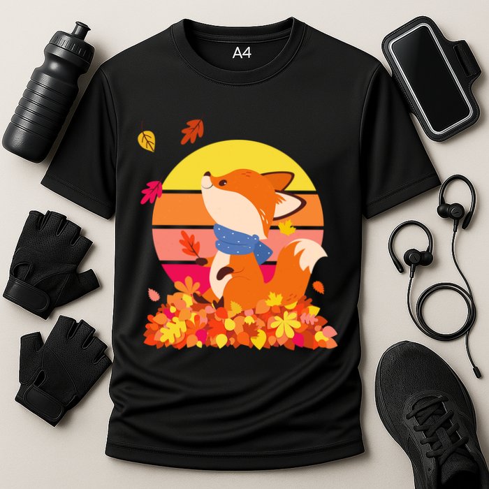 Cute Retro Autumn Fall Leaves Baby Fox Cooling Performance Crew T-Shirt