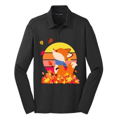 Cute Retro Autumn Fall Leaves Baby Fox Silk Touch Performance Long Sleeve Polo