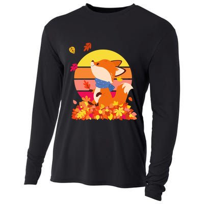 Cute Retro Autumn Fall Leaves Baby Fox Cooling Performance Long Sleeve Crew