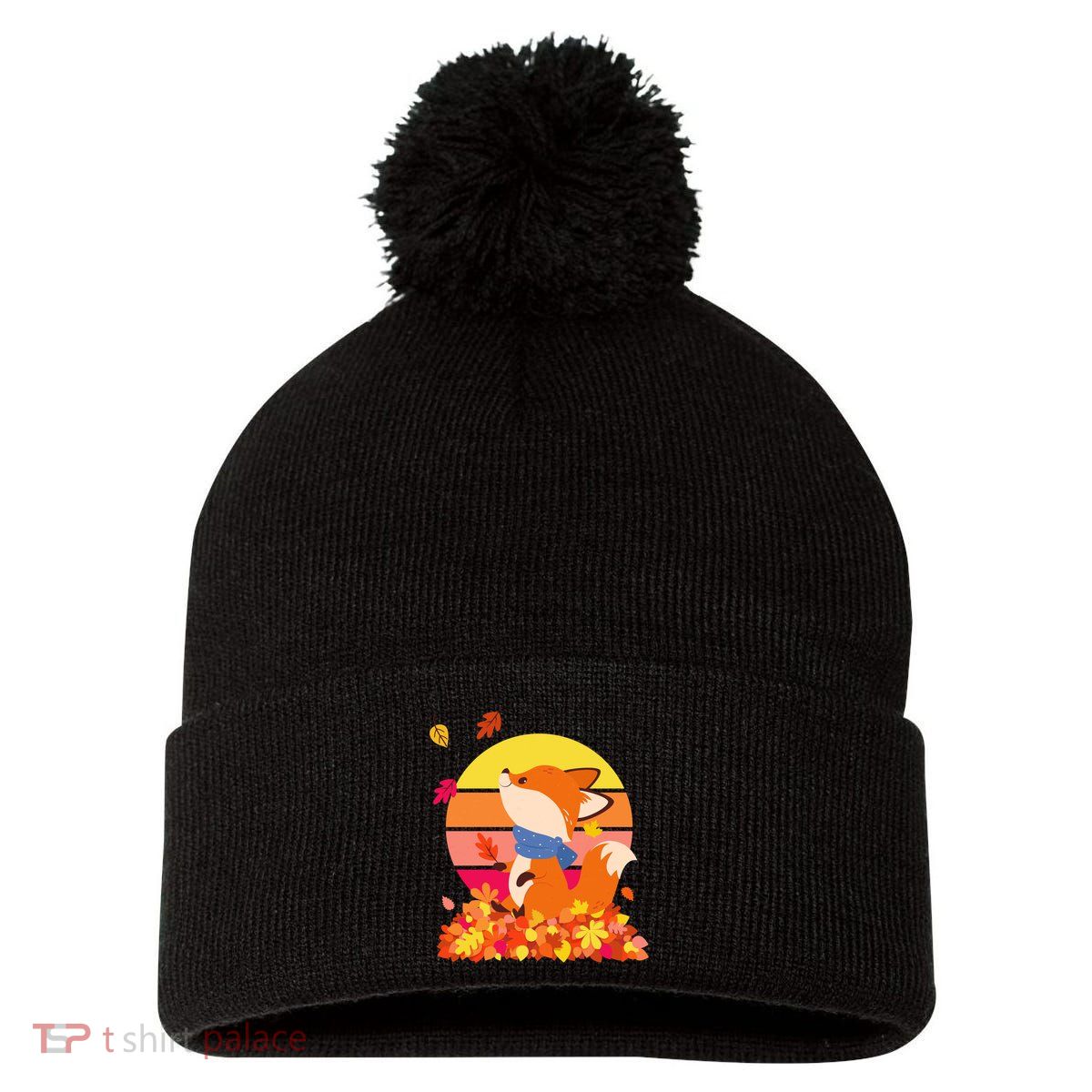 Cute Retro Autumn Fall Leaves Baby Fox Pom Pom 12in Knit Beanie