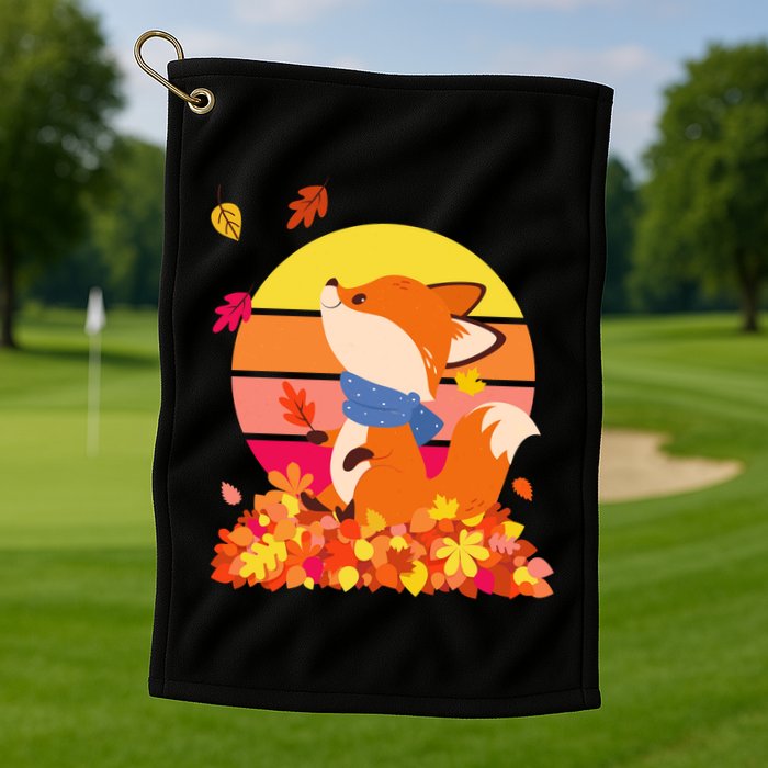 Cute Retro Autumn Fall Leaves Baby Fox Golf Towel