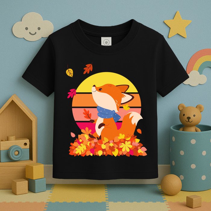 Cute Retro Autumn Fall Leaves Baby Fox Toddler T-Shirt