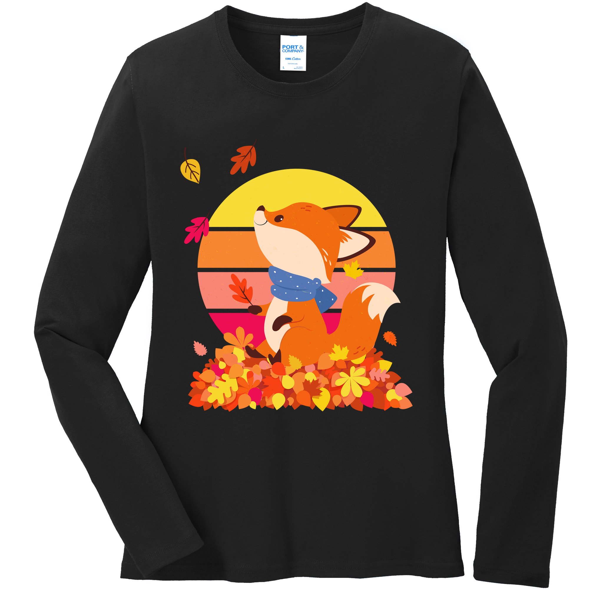 Cute Retro Autumn Fall Leaves Baby Fox Ladies Long Sleeve Shirt