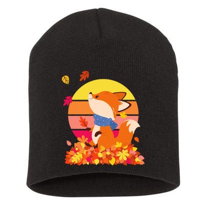 Cute Retro Autumn Fall Leaves Baby Fox Short Acrylic Beanie