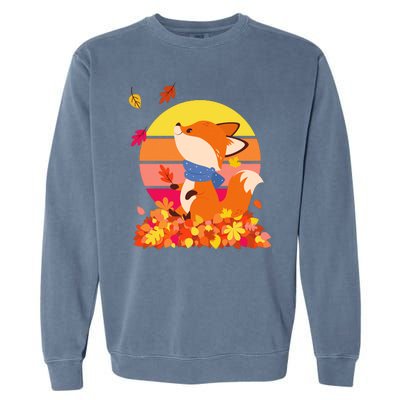 Cute Retro Autumn Fall Leaves Baby Fox Garment-Dyed Sweatshirt