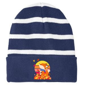 Cute Retro Autumn Fall Leaves Baby Fox Striped Beanie with Solid Band