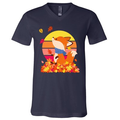 Cute Retro Autumn Fall Leaves Baby Fox V-Neck T-Shirt