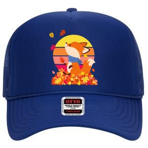 Cute Retro Autumn Fall Leaves Baby Fox High Crown Mesh Back Trucker Hat