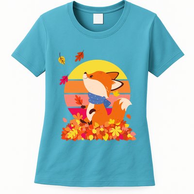 Cute Retro Autumn Fall Leaves Baby Fox Womens T-Shirt