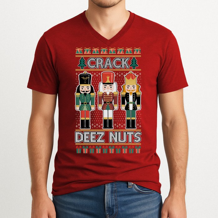 Crack Deez Nuts Nutcracker Ugly Christmas Sweater V-Neck T-Shirt