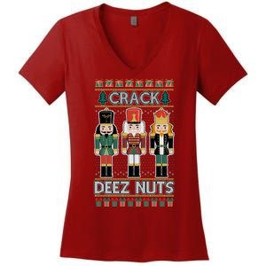 Crack Deez Nuts Nutcracker Ugly Christmas Sweater Women's V-Neck T-Shirt