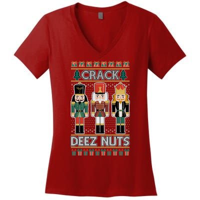 Crack Deez Nuts Nutcracker Ugly Christmas Sweater Women's V-Neck T-Shirt