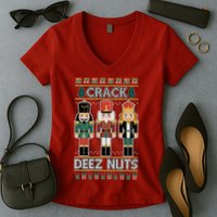 Crack Deez Nuts Nutcracker Ugly Christmas Sweater Women's V-Neck T-Shirt