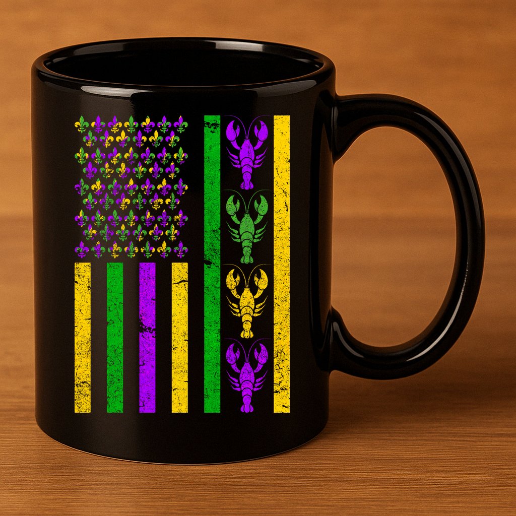 Crawfish Fleur-De-Lis Flag Mardi Gras 11oz C Handle Ceramic Mug