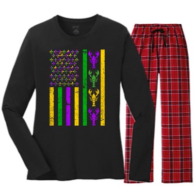 Crawfish Fleur-De-Lis Flag Mardi Gras Women's Long Sleeve Flannel Pajama Set 