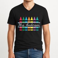 Crayon Customized Teacher Custom Personalize Name V-Neck T-Shirt