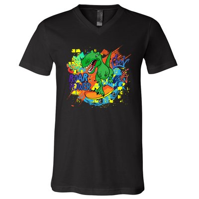 Crazy Cool Skateboarding T-Rex V-Neck T-Shirt