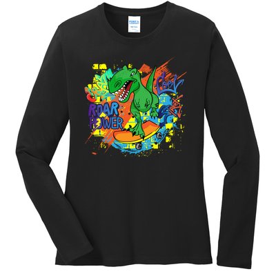 Crazy Cool Skateboarding T-Rex Ladies Long Sleeve Shirt