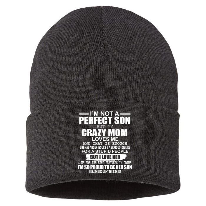 Crazy Mom And Perfect Son Funny Quote Sustainable Knit Beanie