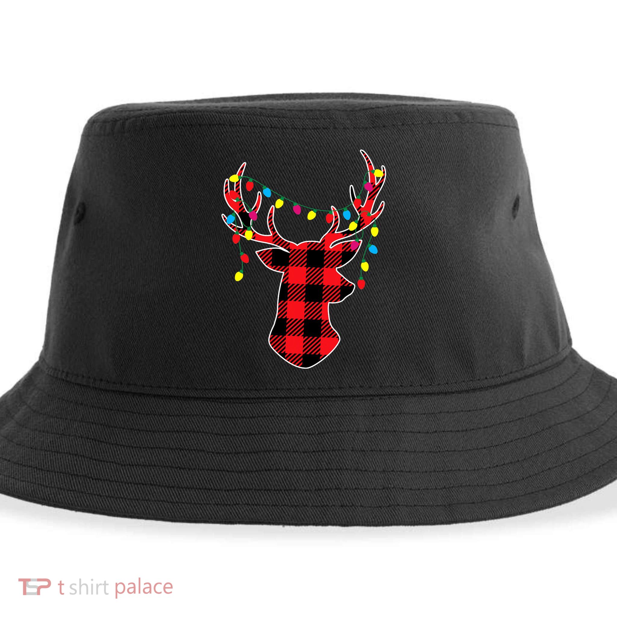Classic Red & Black Christmas Buffalo Plaid Deer Sustainable Bucket Hat