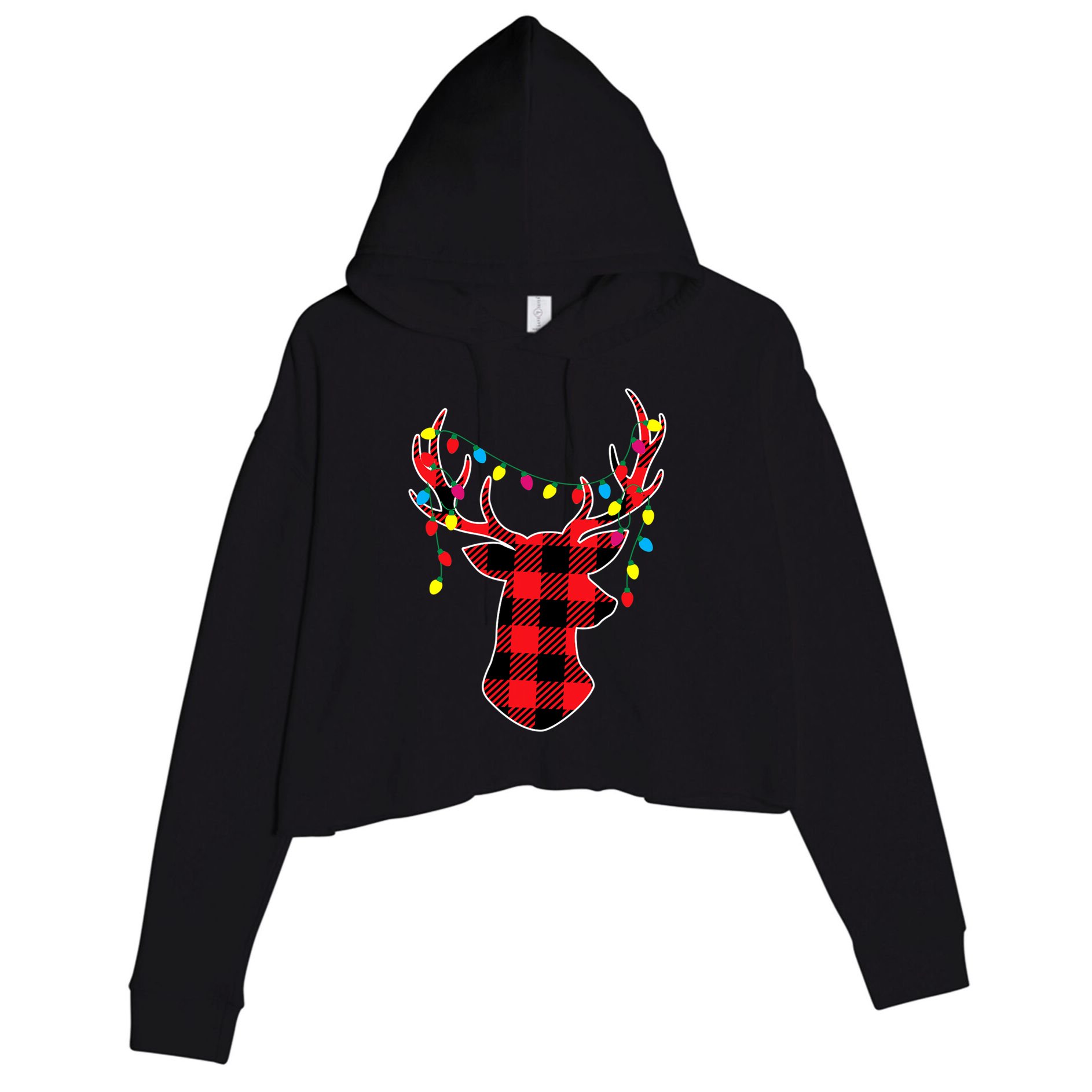 Classic Red & Black Christmas Buffalo Plaid Deer Crop Fleece Hoodie