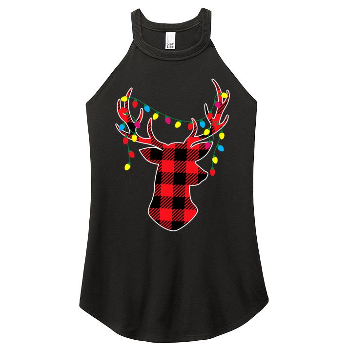 Classic Red & Black Christmas Buffalo Plaid Deer Women's Perfect Tri Rocker Tank
