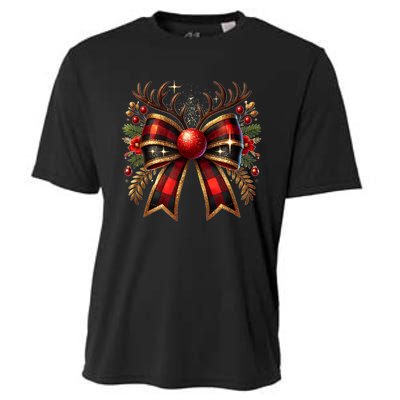 Christmas Reindeer Bow Cute Coquette Bow Xmas Gift Cooling Performance Crew T-Shirt