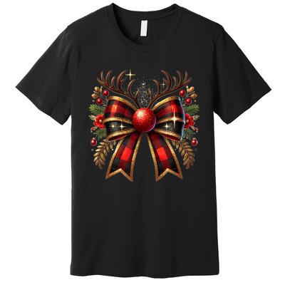 Christmas Reindeer Bow Cute Coquette Bow Xmas Gift Premium T-Shirt