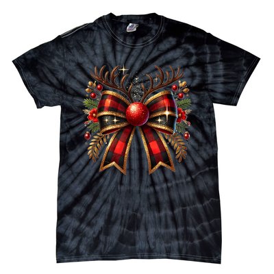 Christmas Reindeer Bow Cute Coquette Bow Xmas Gift Tie-Dye T-Shirt