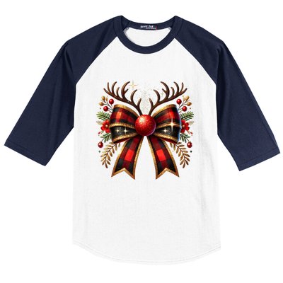 Christmas Reindeer Bow Cute Coquette Bow Xmas Gift Baseball Sleeve Shirt