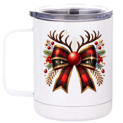 Christmas Reindeer Bow Cute Coquette Bow Xmas Gift 12 oz Stainless Steel Tumbler Cup