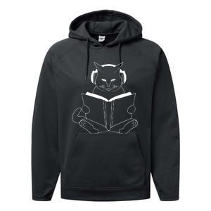 Cat Reading Book With Headphones Performance Fleece Hoodie