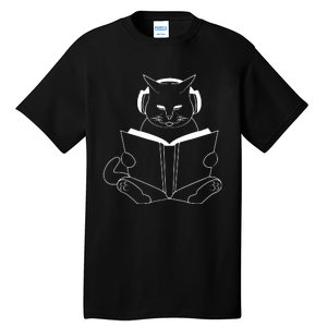 Cat Reading Book With Headphones Tall T-Shirt