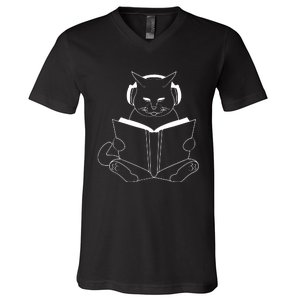 Cat Reading Book With Headphones V-Neck T-Shirt