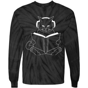 Cat Reading Book With Headphones Tie-Dye Long Sleeve Shirt