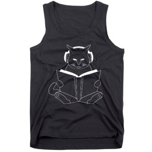 Cat Reading Book With Headphones Tank Top