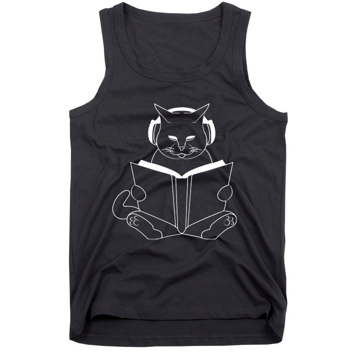 Cat Reading Book With Headphones Tank Top