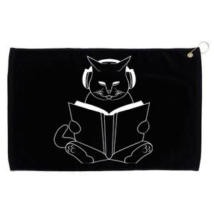 Cat Reading Book With Headphones Grommeted Golf Towel