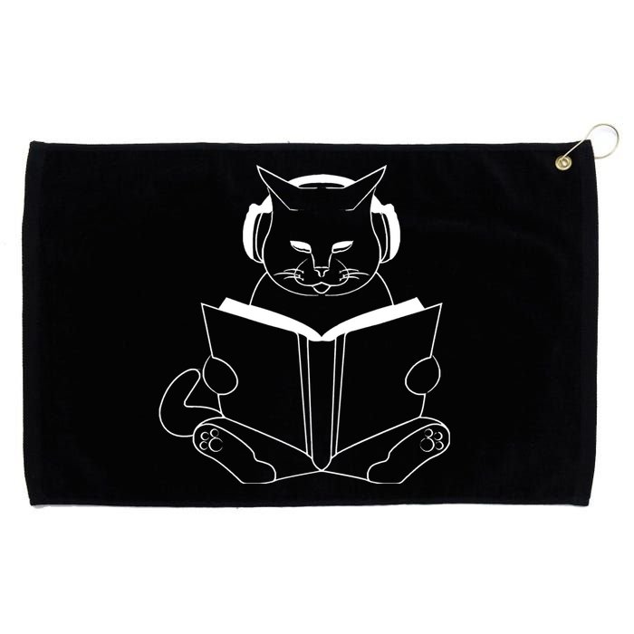 Cat Reading Book With Headphones Grommeted Golf Towel