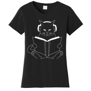 Cat Reading Book With Headphones Women's T-Shirt