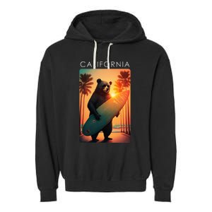 Cool Republic Bear Surfing Beach California Garment-Dyed Fleece Hoodie