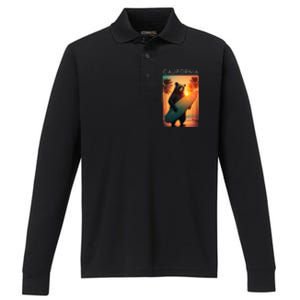 Cool Republic Bear Surfing Beach California Performance Long Sleeve Polo