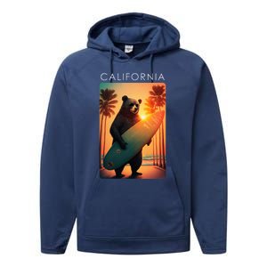 Cool Republic Bear Surfing Beach California Performance Fleece Hoodie